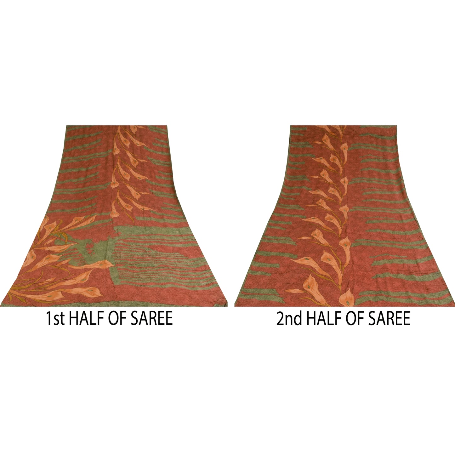 Sanskriti Vintage Sarees Orange & Green Pure Crepe Print Sari 5+yd Craft Sustainable Fabric