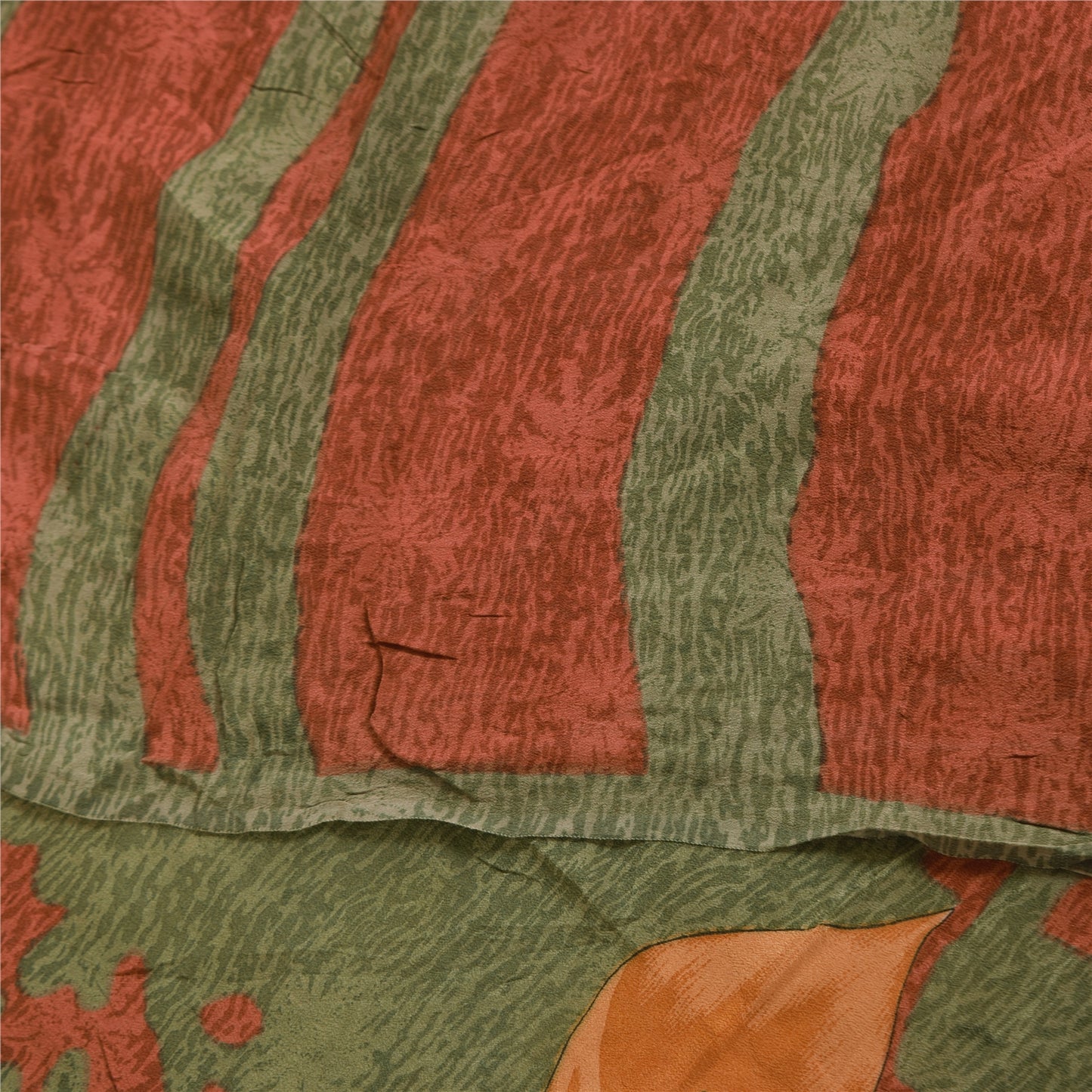 Sanskriti Vintage Sarees Orange & Green Pure Crepe Print Sari 5+yd Craft Sustainable Fabric