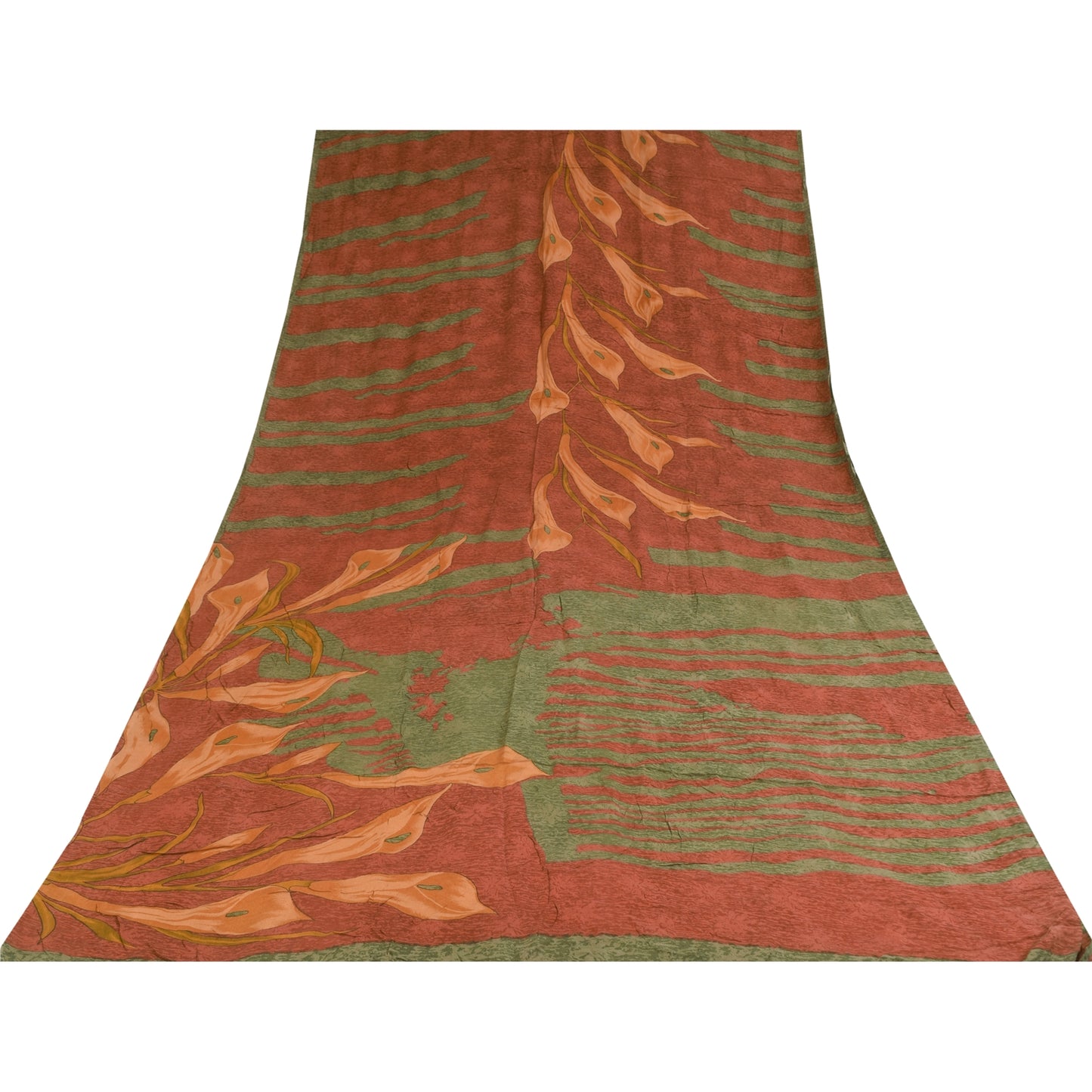 Sanskriti Vintage Sarees Orange & Green Pure Crepe Print Sari 5+yd Craft Sustainable Fabric