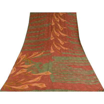 Sanskriti Vintage Sarees Orange & Green Pure Crepe Print Sari 5+yd Craft Sustainable Fabric