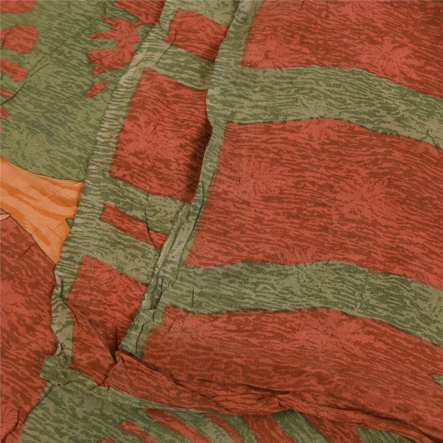 Sanskriti Vintage Sarees Orange & Green Pure Crepe Print Sari 5+yd Craft Sustainable Fabric