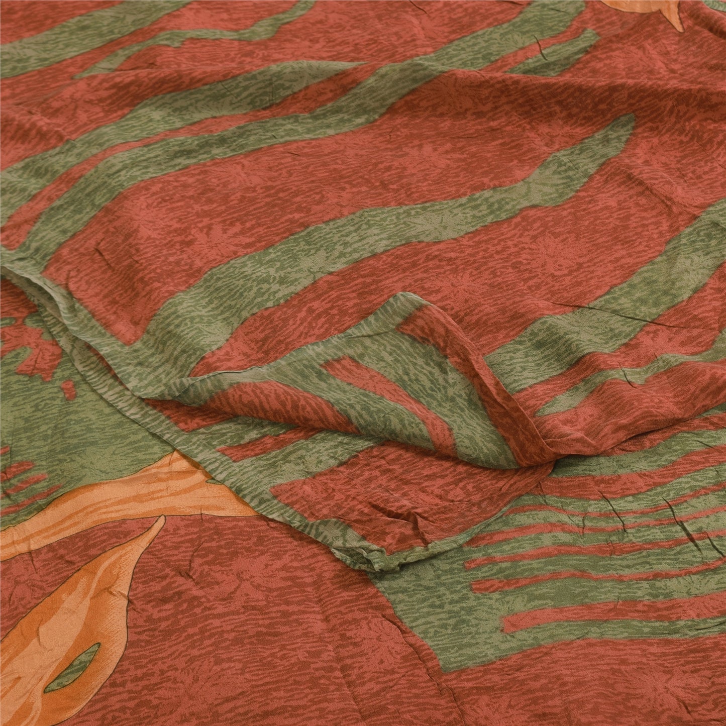 Sanskriti Vintage Sarees Orange & Green Pure Crepe Print Sari 5+yd Craft Sustainable Fabric