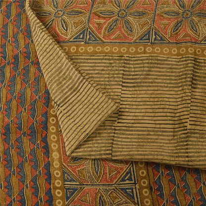Sanskriti Vintage Sarees Cream Pure Crepe Silk Printed Sari 6yd Craft Sustainable Fabric