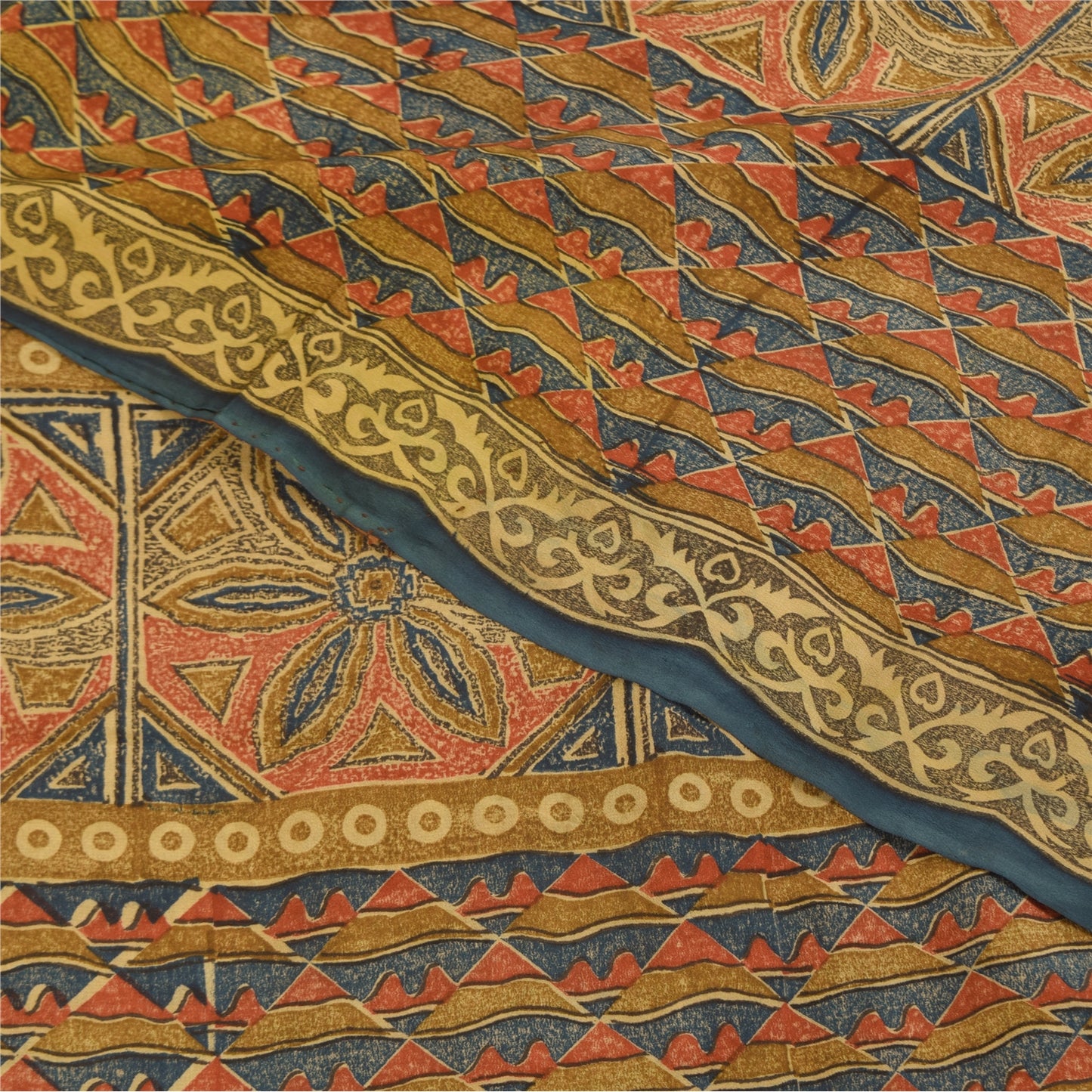 Sanskriti Vintage Sarees Cream Pure Crepe Silk Printed Sari 6yd Craft Sustainable Fabric