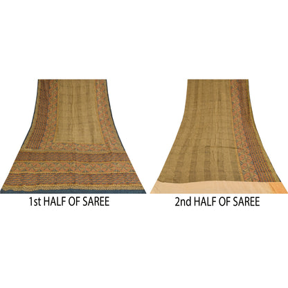 Sanskriti Vintage Sarees Cream Pure Crepe Silk Printed Sari 6yd Craft Sustainable Fabric