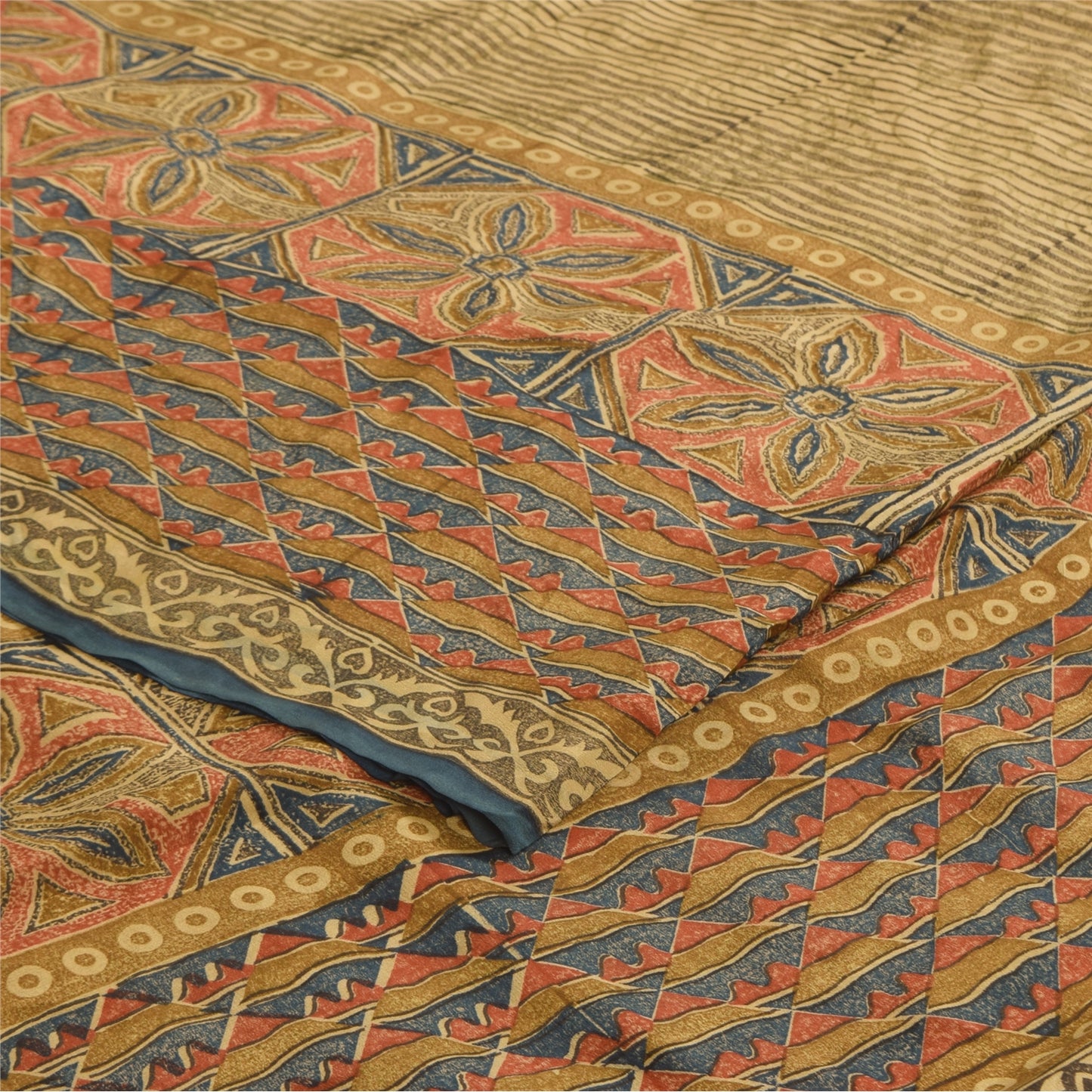 Sanskriti Vintage Sarees Cream Pure Crepe Silk Printed Sari 6yd Craft Sustainable Fabric