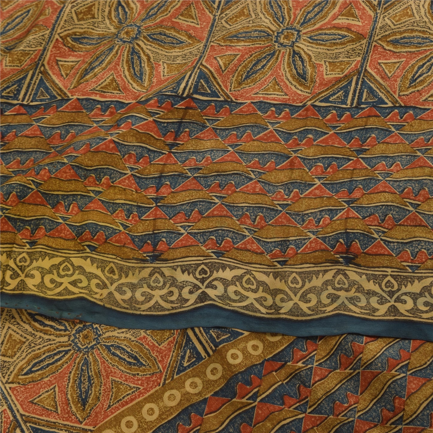 Sanskriti Vintage Sarees Cream Pure Crepe Silk Printed Sari 6yd Craft Sustainable Fabric