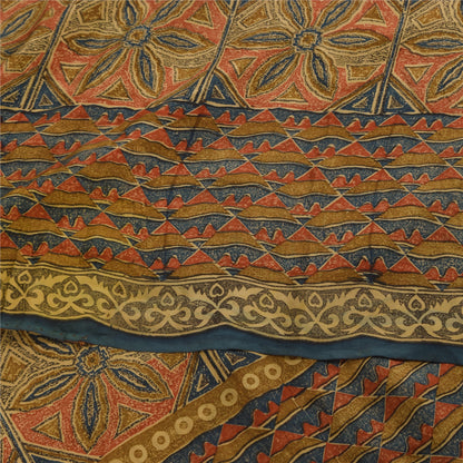 Sanskriti Vintage Sarees Cream Pure Crepe Silk Printed Sari 6yd Craft Sustainable Fabric