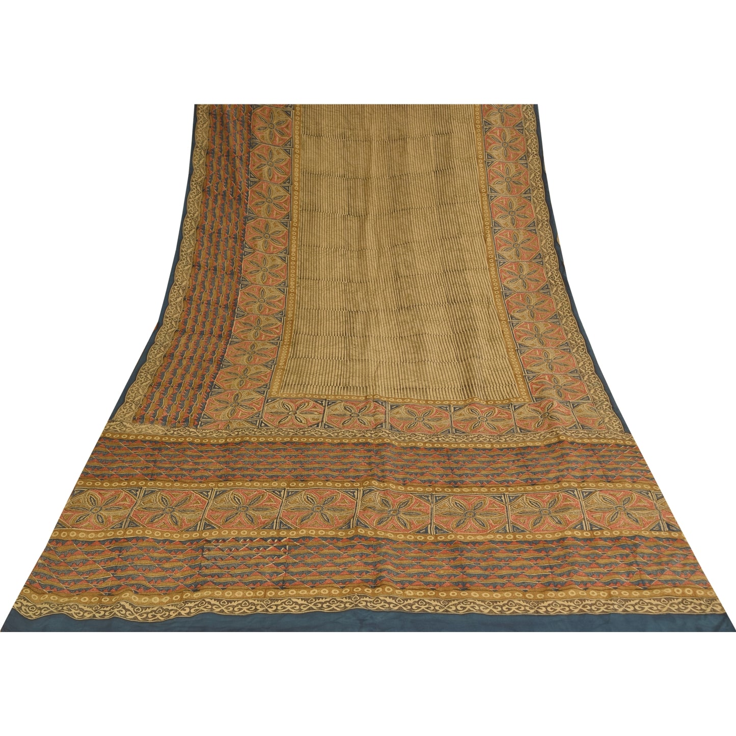 Sanskriti Vintage Sarees Cream Pure Crepe Silk Printed Sari 6yd Craft Sustainable Fabric