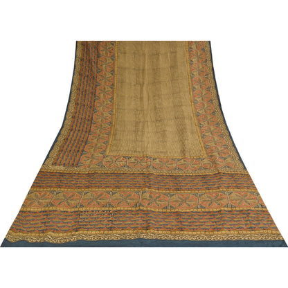 Sanskriti Vintage Sarees Cream Pure Crepe Silk Printed Sari 6yd Craft Sustainable Fabric