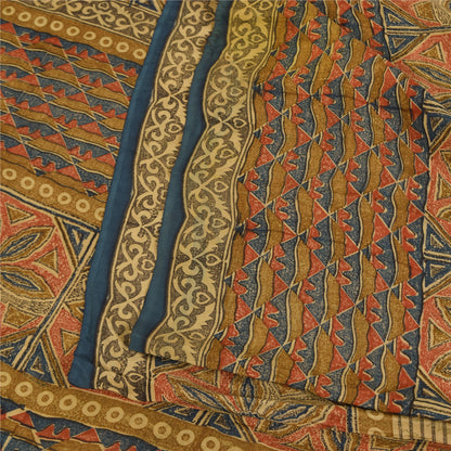 Sanskriti Vintage Sarees Cream Pure Crepe Silk Printed Sari 6yd Craft Sustainable Fabric