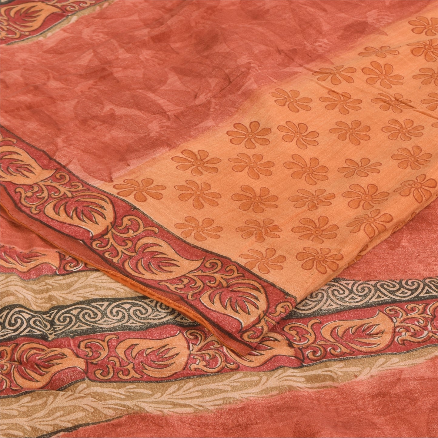 Sanskriti Vintage Sarees Peach & Pink Pure Crepe Printed Sari 5+yd Craft Sustainable Fabric