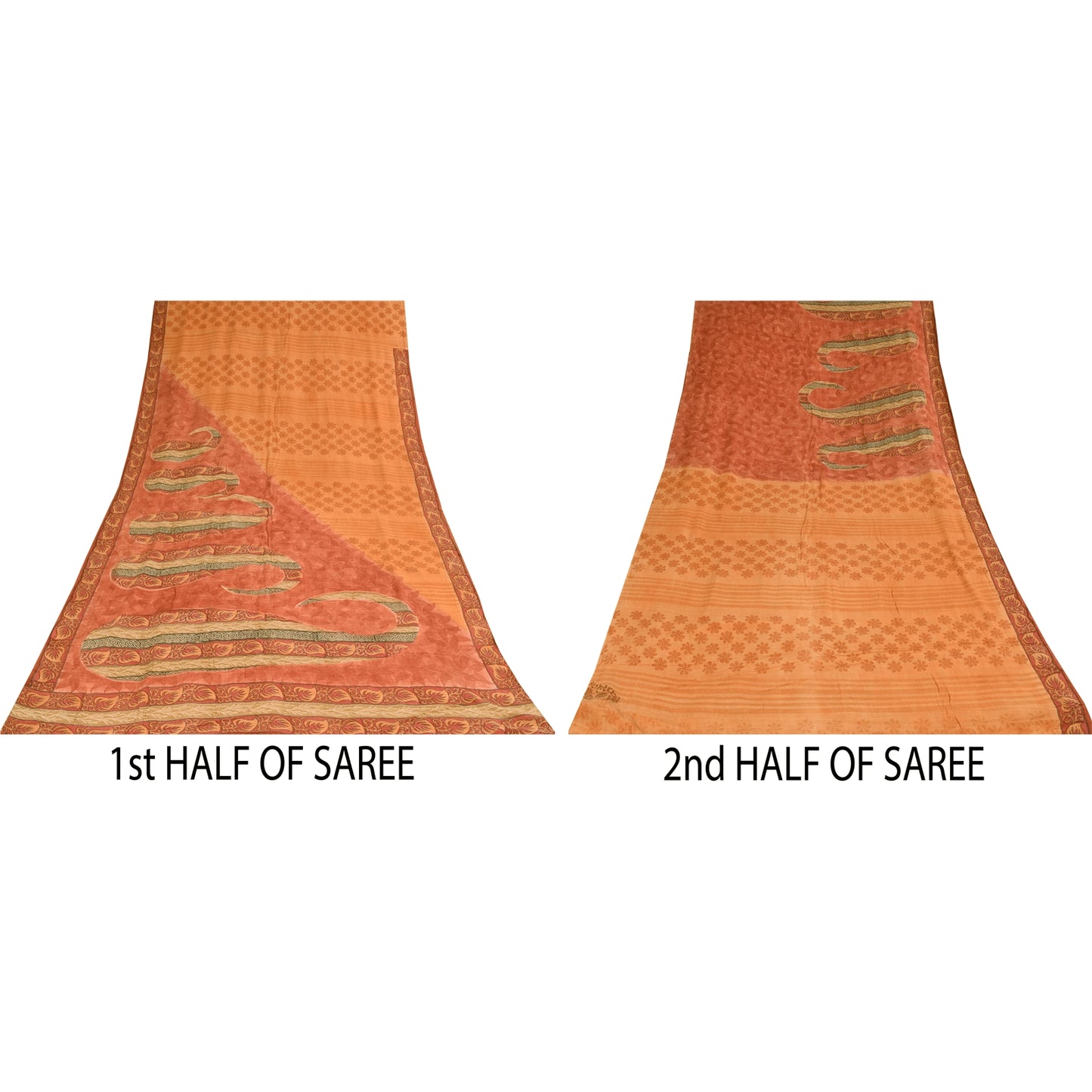 Sanskriti Vintage Sarees Peach & Pink Pure Crepe Printed Sari 5+yd Craft Sustainable Fabric