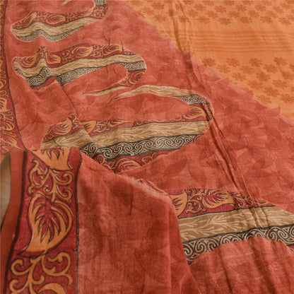 Sanskriti Vintage Sarees Peach & Pink Pure Crepe Printed Sari 5+yd Craft Sustainable Fabric