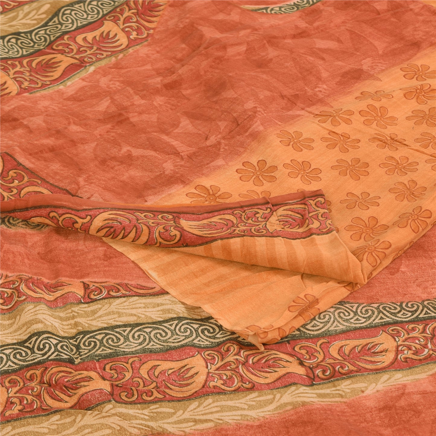Sanskriti Vintage Sarees Peach & Pink Pure Crepe Printed Sari 5+yd Craft Sustainable Fabric