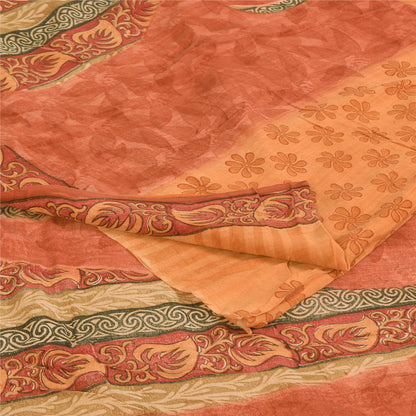 Sanskriti Vintage Sarees Peach & Pink Pure Crepe Printed Sari 5+yd Craft Sustainable Fabric