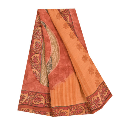 Sanskriti Vintage Sarees Peach & Pink Pure Crepe Printed Sari 5+yd Craft Sustainable Fabric