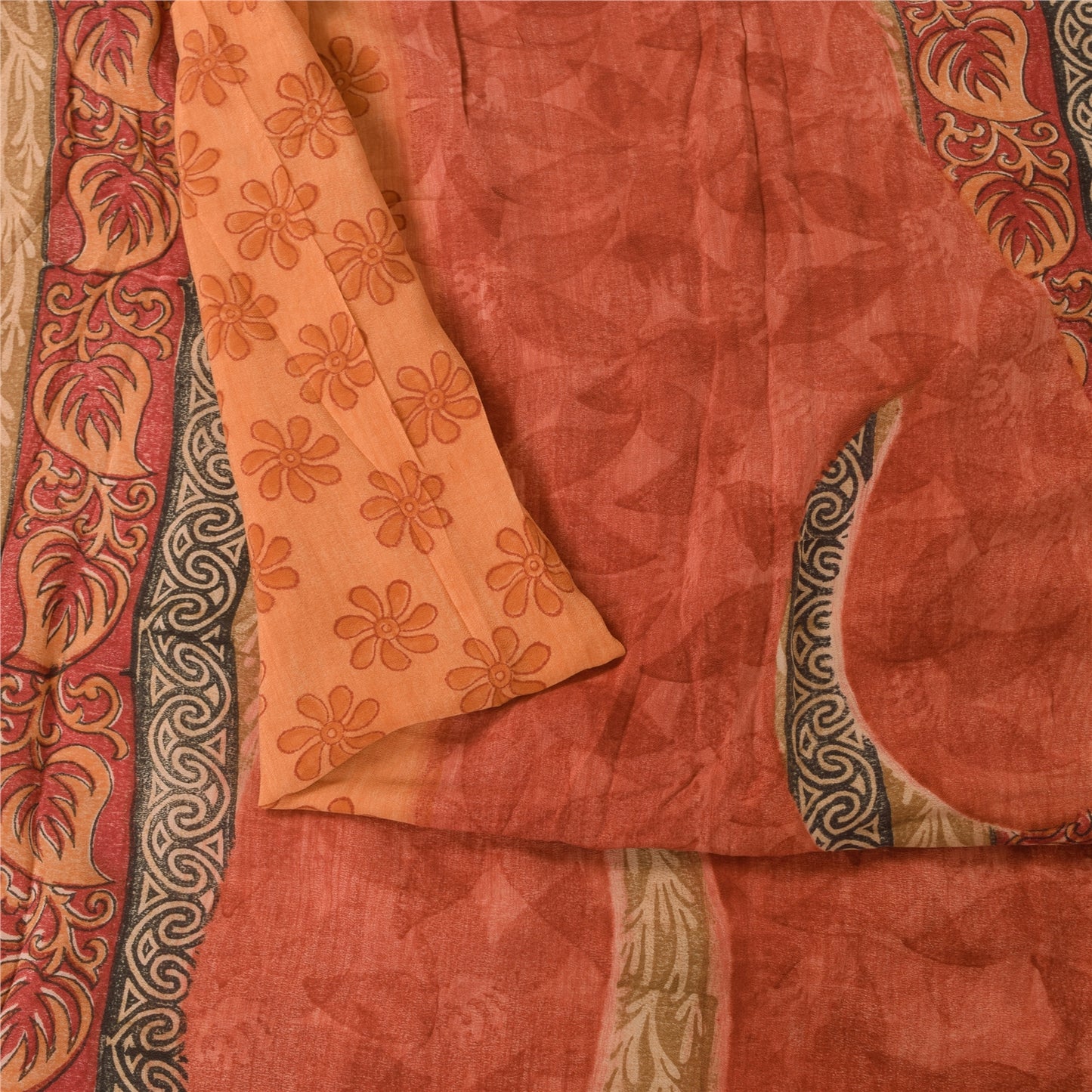 Sanskriti Vintage Sarees Peach & Pink Pure Crepe Printed Sari 5+yd Craft Sustainable Fabric