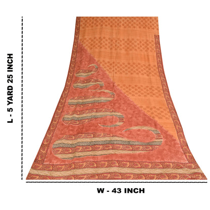 Sanskriti Vintage Sarees Peach & Pink Pure Crepe Printed Sari 5+yd Craft Sustainable Fabric