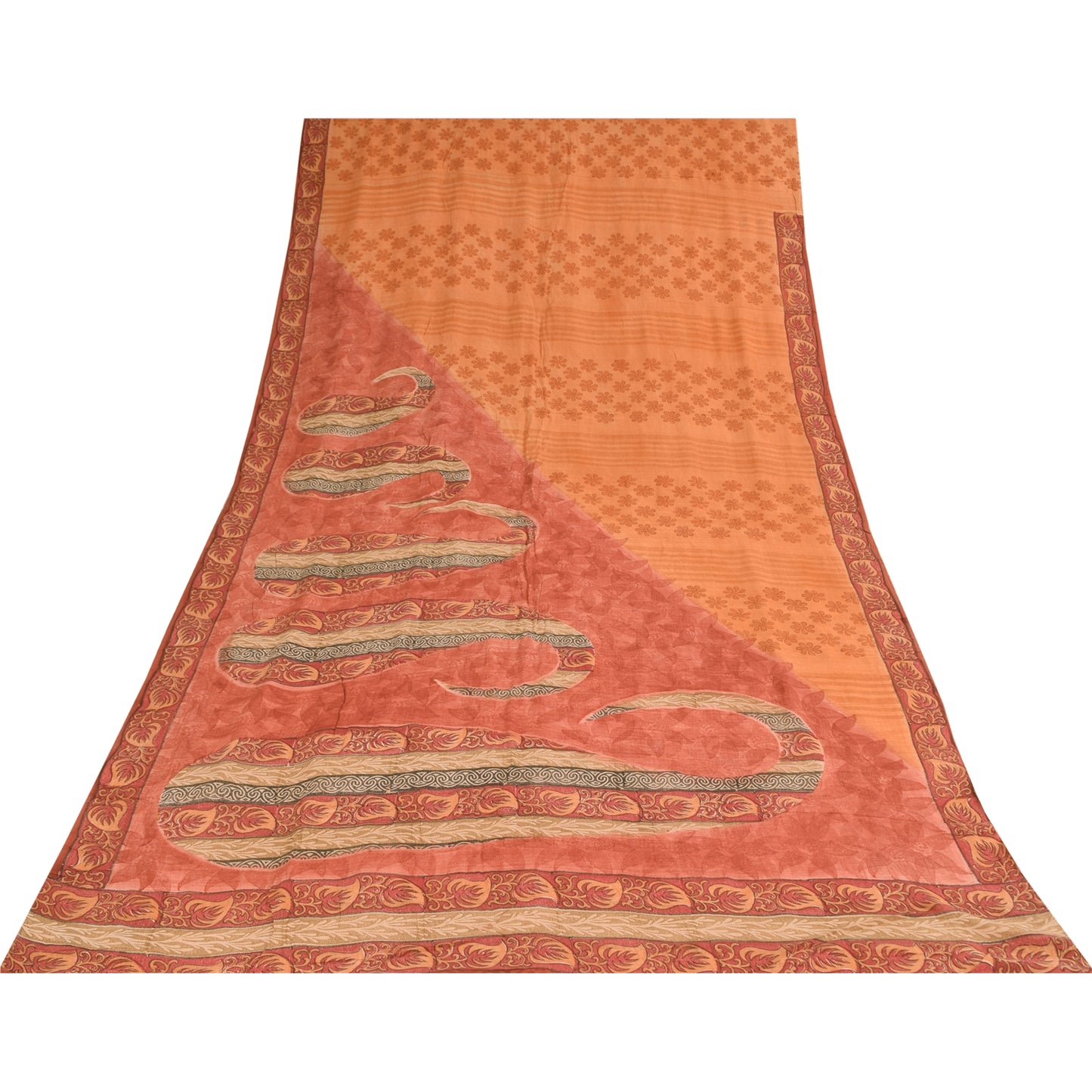 Sanskriti Vintage Sarees Peach & Pink Pure Crepe Printed Sari 5+yd Craft Sustainable Fabric