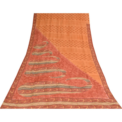 Sanskriti Vintage Sarees Peach & Pink Pure Crepe Printed Sari 5+yd Craft Sustainable Fabric
