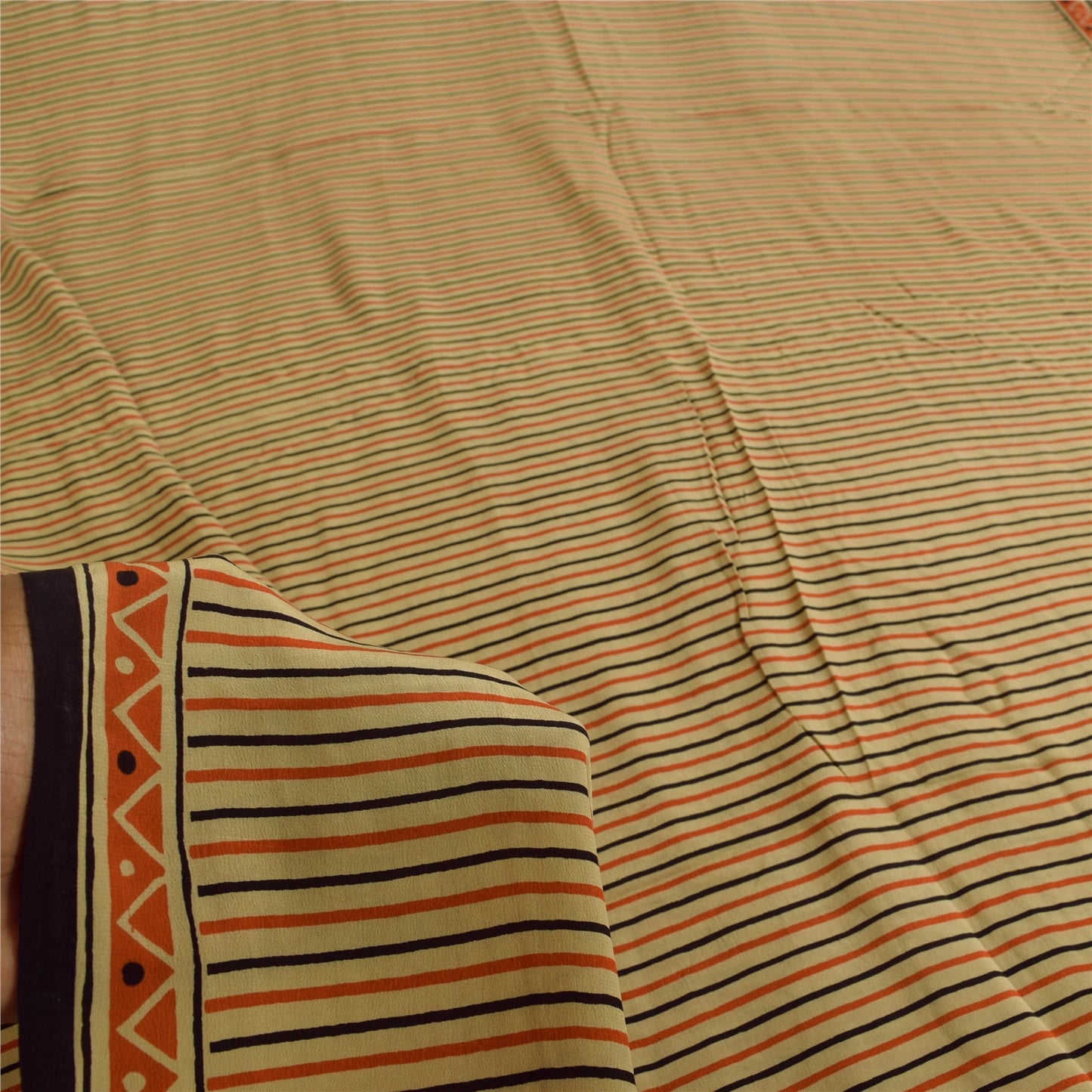 Sanskriti Vintage Sarees Ivory Pure Crepe Geometric Print Sari 5+yd Craft Fabric