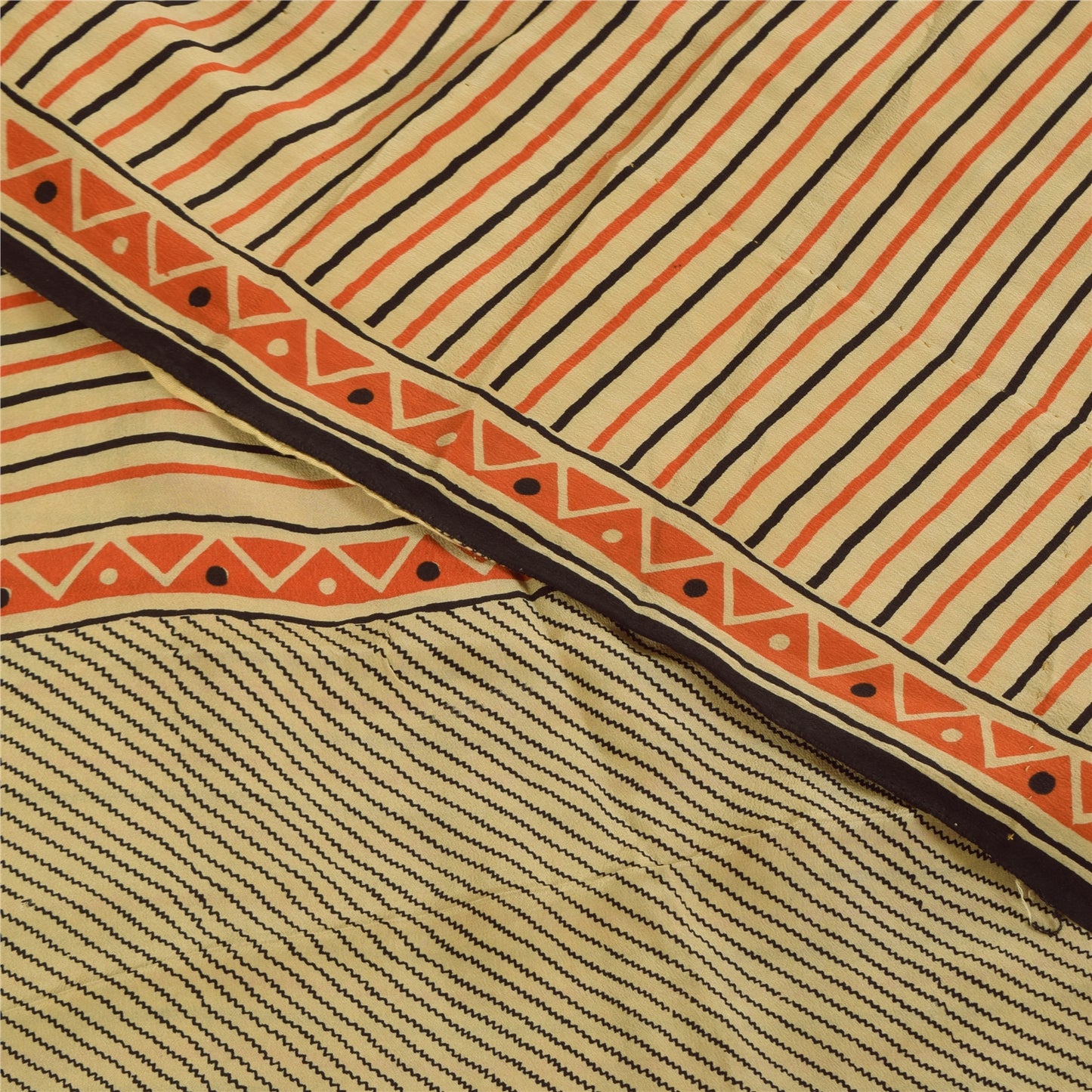 Sanskriti Vintage Sarees Ivory Pure Crepe Geometric Print Sari 5+yd Craft Fabric