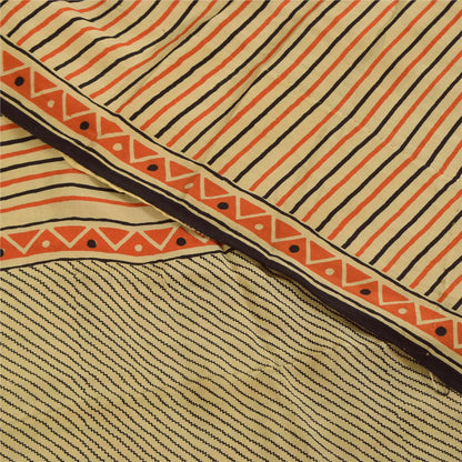 Sanskriti Vintage Sarees Ivory Pure Crepe Geometric Print Sari 5+yd Craft Fabric