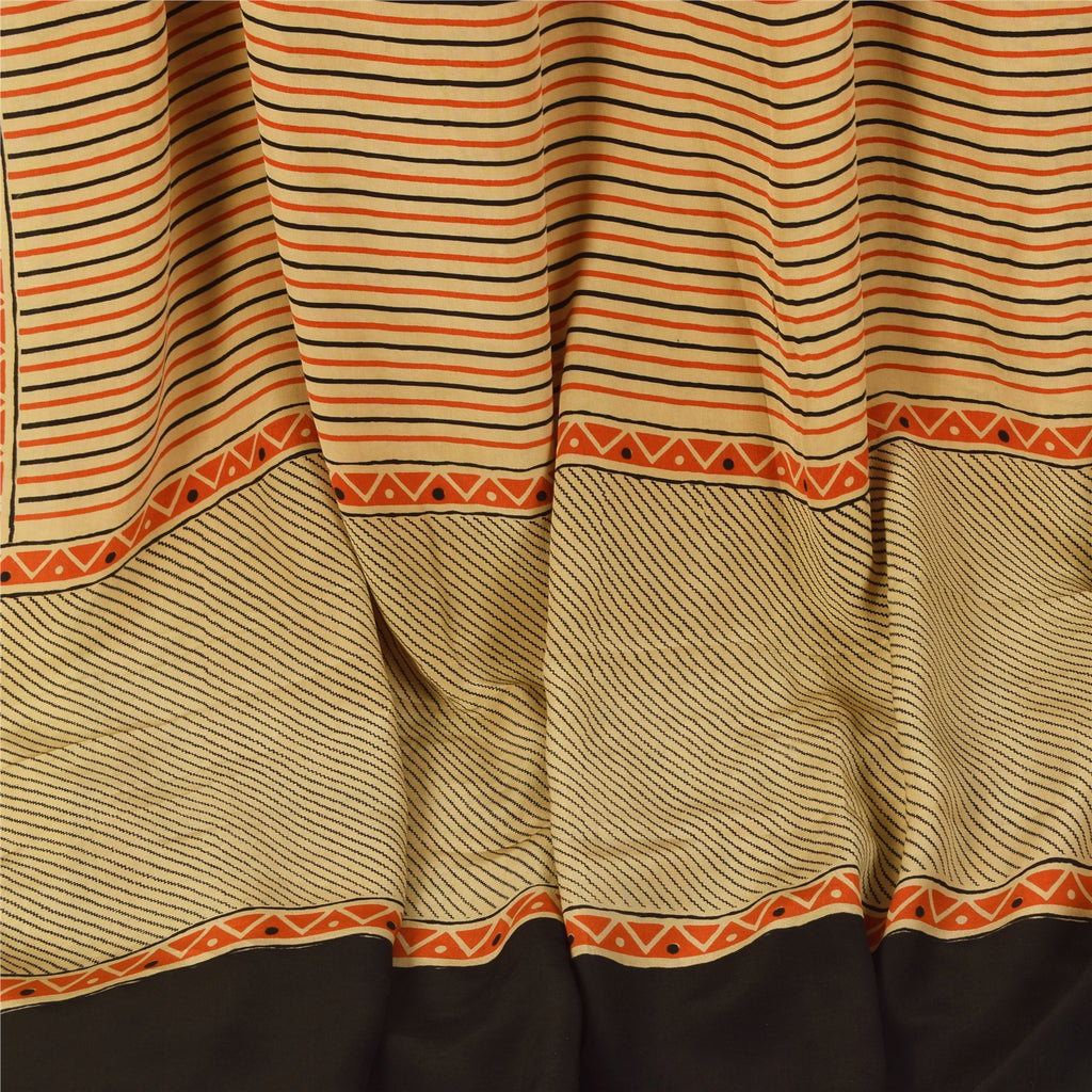 Sanskriti Vintage Sarees Ivory Pure Crepe Geometric Print Sari 5+yd Craft Fabric