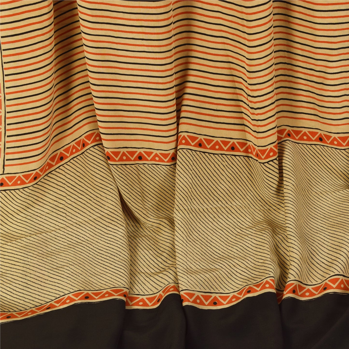 Sanskriti Vintage Sarees Ivory Pure Crepe Geometric Print Sari 5+yd Craft Fabric