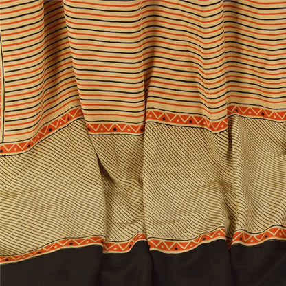 Sanskriti Vintage Sarees Ivory Pure Crepe Geometric Print Sari 5+yd Craft Fabric