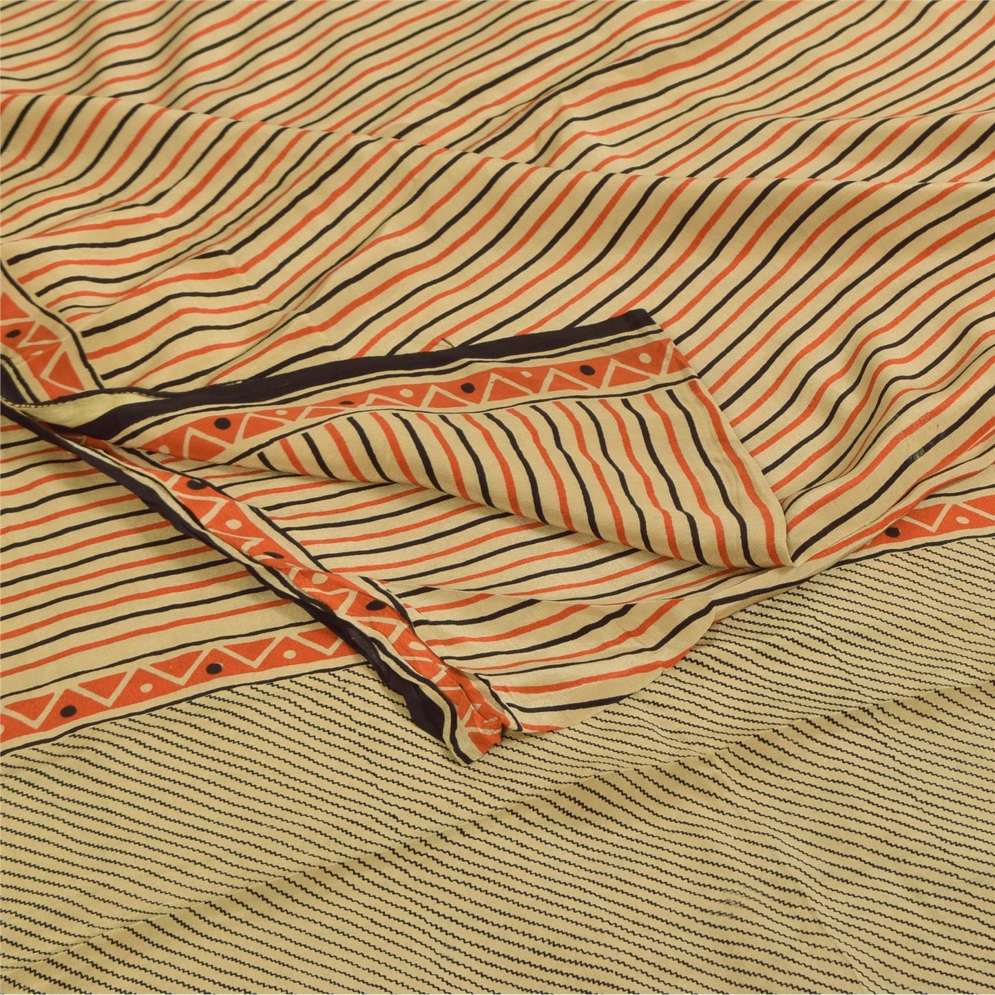 Sanskriti Vintage Sarees Ivory Pure Crepe Geometric Print Sari 5+yd Craft Fabric