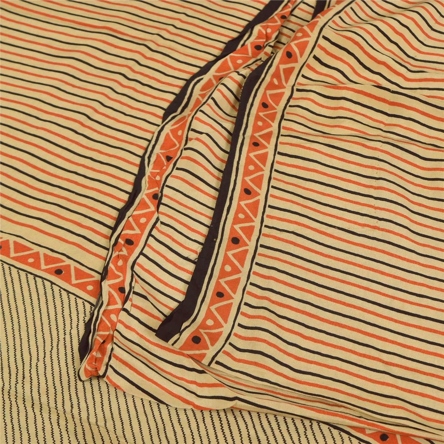 Sanskriti Vintage Sarees Ivory Pure Crepe Geometric Print Sari 5+yd Craft Fabric