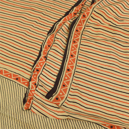 Sanskriti Vintage Sarees Ivory Pure Crepe Geometric Print Sari 5+yd Craft Fabric