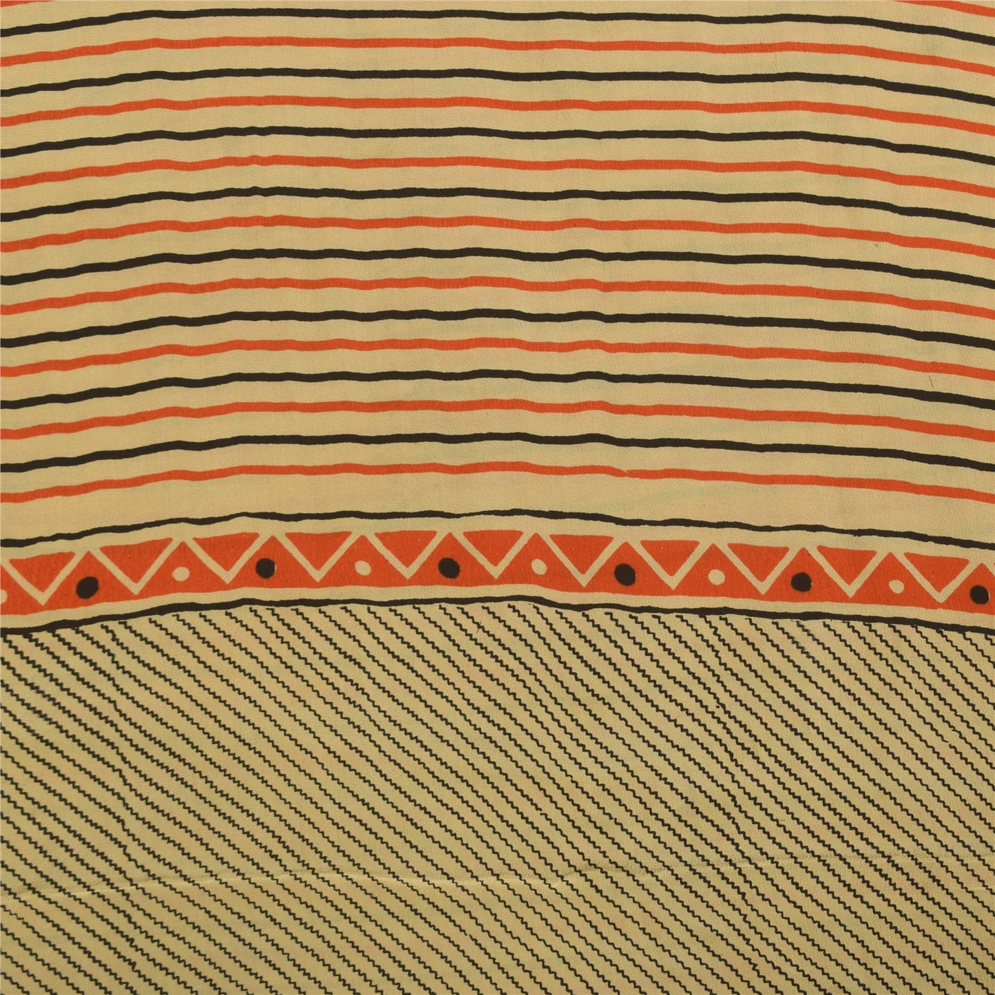 Sanskriti Vintage Sarees Ivory Pure Crepe Geometric Print Sari 5+yd Craft Fabric