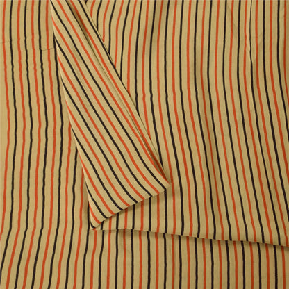 Sanskriti Vintage Sarees Ivory Pure Crepe Geometric Print Sari 5+yd Craft Fabric