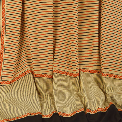 Sanskriti Vintage Sarees Ivory Pure Crepe Geometric Print Sari 5+yd Craft Fabric