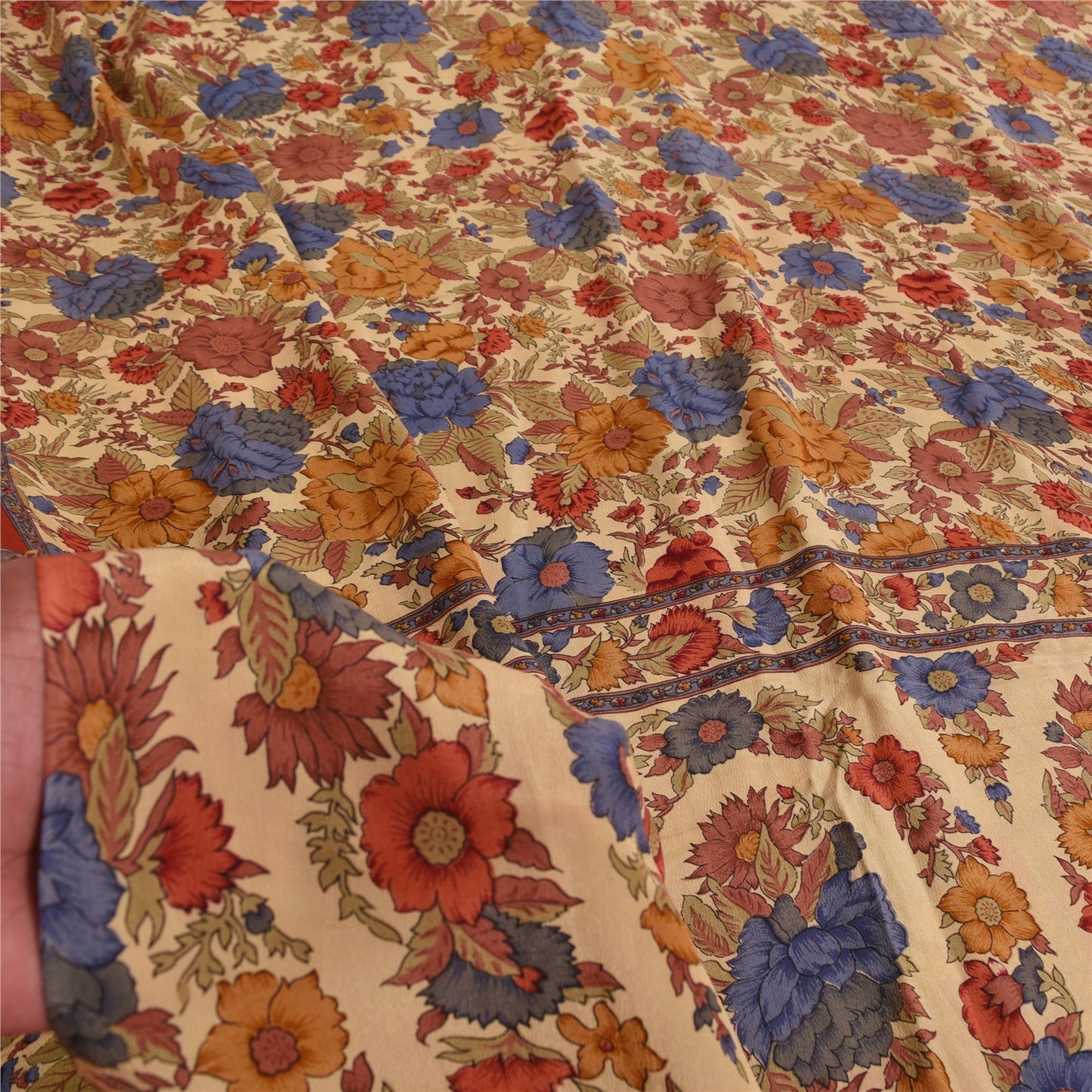 Sanskriti Vintage Sarees Peach Pure Crepe Silk Printed Sari 5+yd Craft Sustainable Fabric