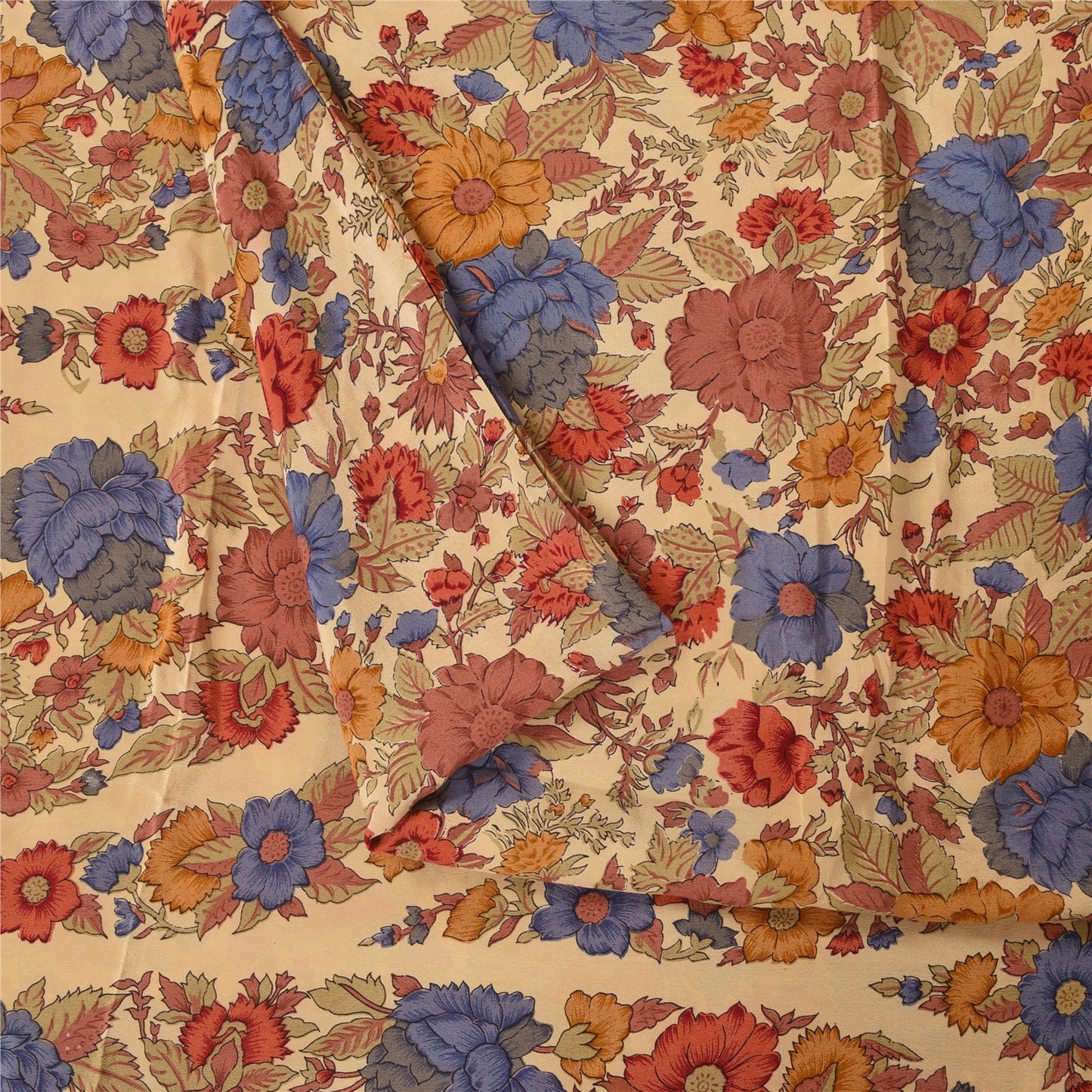 Sanskriti Vintage Sarees Peach Pure Crepe Silk Printed Sari 5+yd Craft Sustainable Fabric