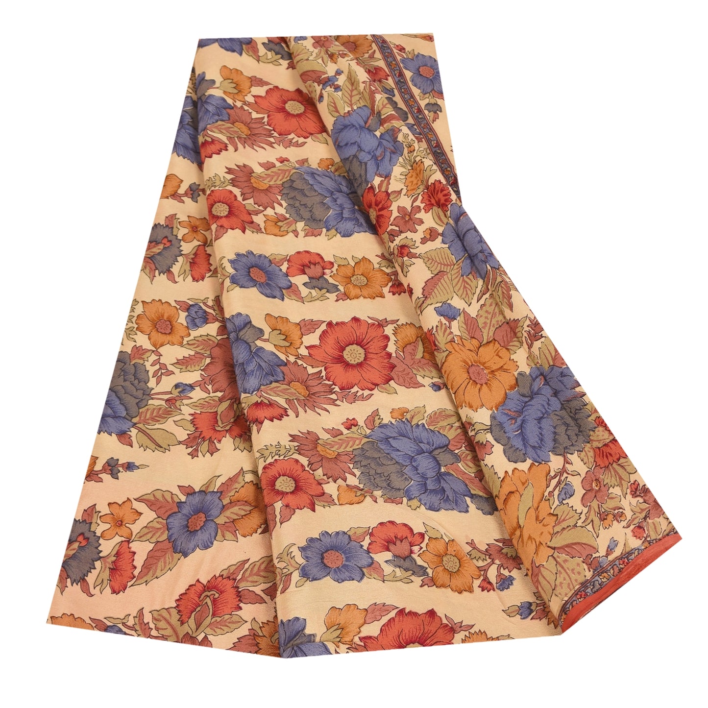 Sanskriti Vintage Sarees Peach Pure Crepe Silk Printed Sari 5+yd Craft Sustainable Fabric