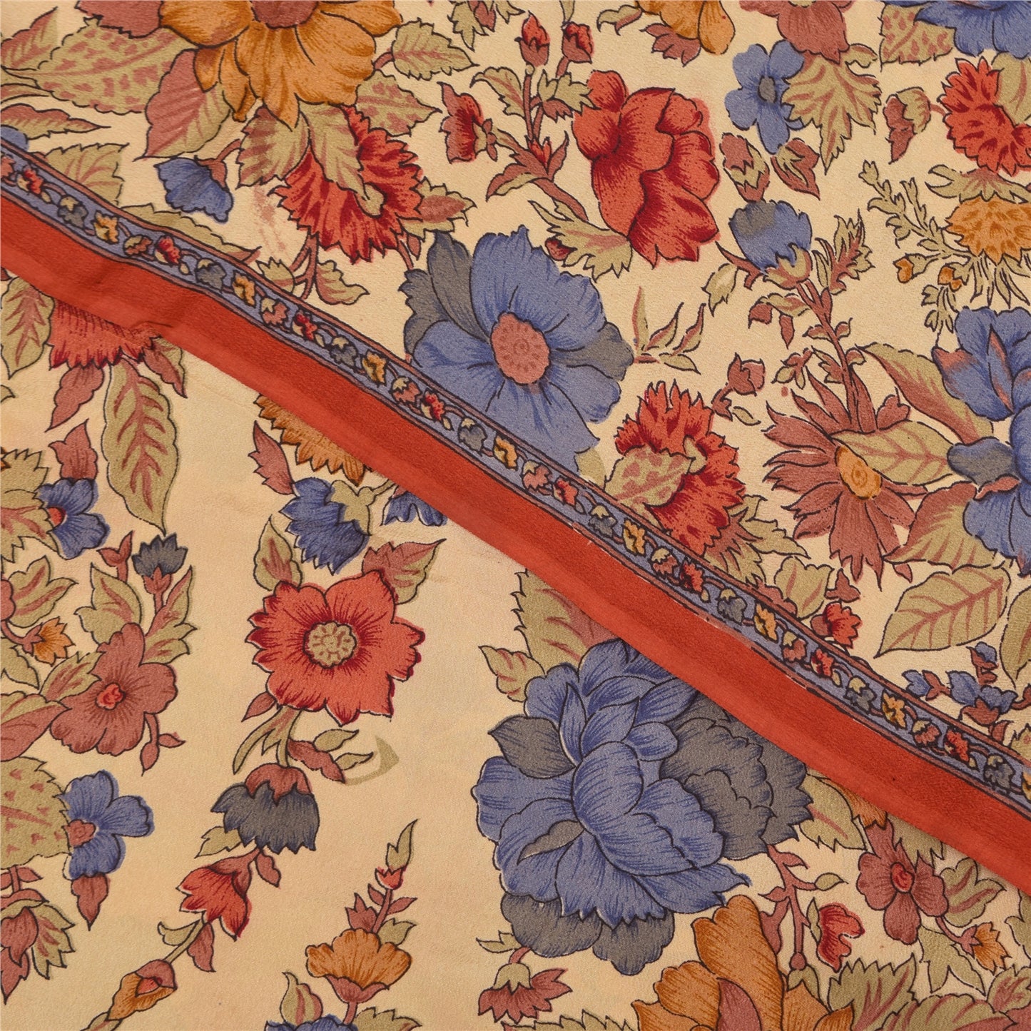 Sanskriti Vintage Sarees Peach Pure Crepe Silk Printed Sari 5+yd Craft Sustainable Fabric