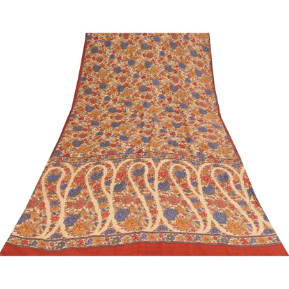 Sanskriti Vintage Sarees Peach Pure Crepe Silk Printed Sari 5+yd Craft Sustainable Fabric