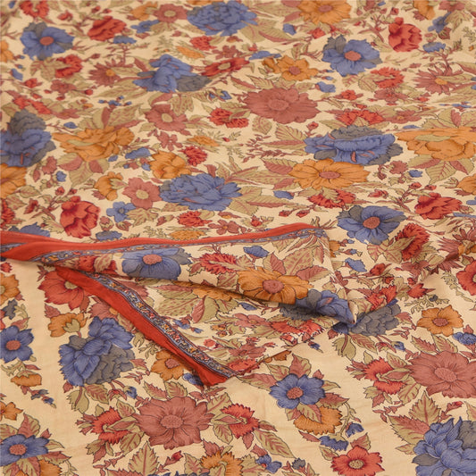 Sanskriti Vintage Sarees Peach Pure Crepe Silk Printed Sari 5+yd Craft Sustainable Fabric