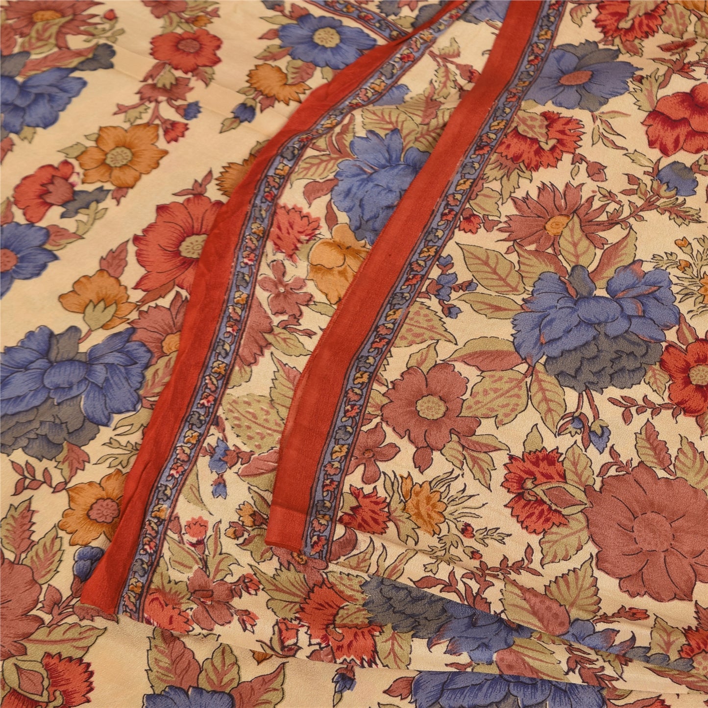 Sanskriti Vintage Sarees Peach Pure Crepe Silk Printed Sari 5+yd Craft Sustainable Fabric