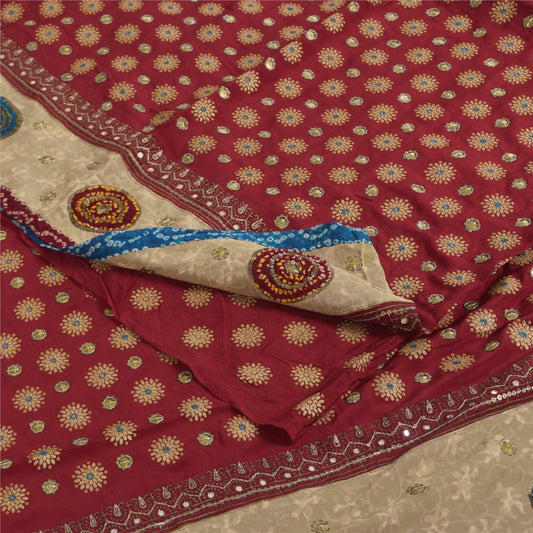 Sanskriti Vintage Sarees Red Embroidered & Painted Pure Crepe Sari 6yd Sustainable Fabric