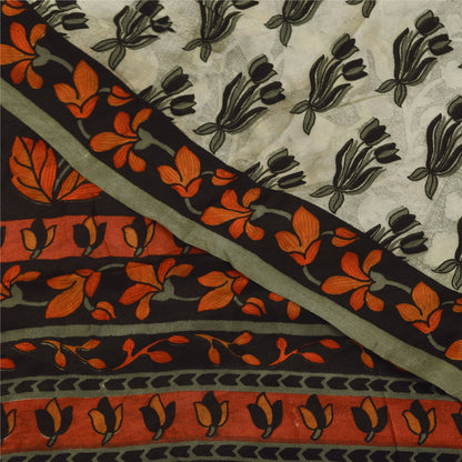 Sanskriti Vintage Sarees Ivory Pure Crepe Silk Printed Sari 6yd Craft Sustainable Fabric