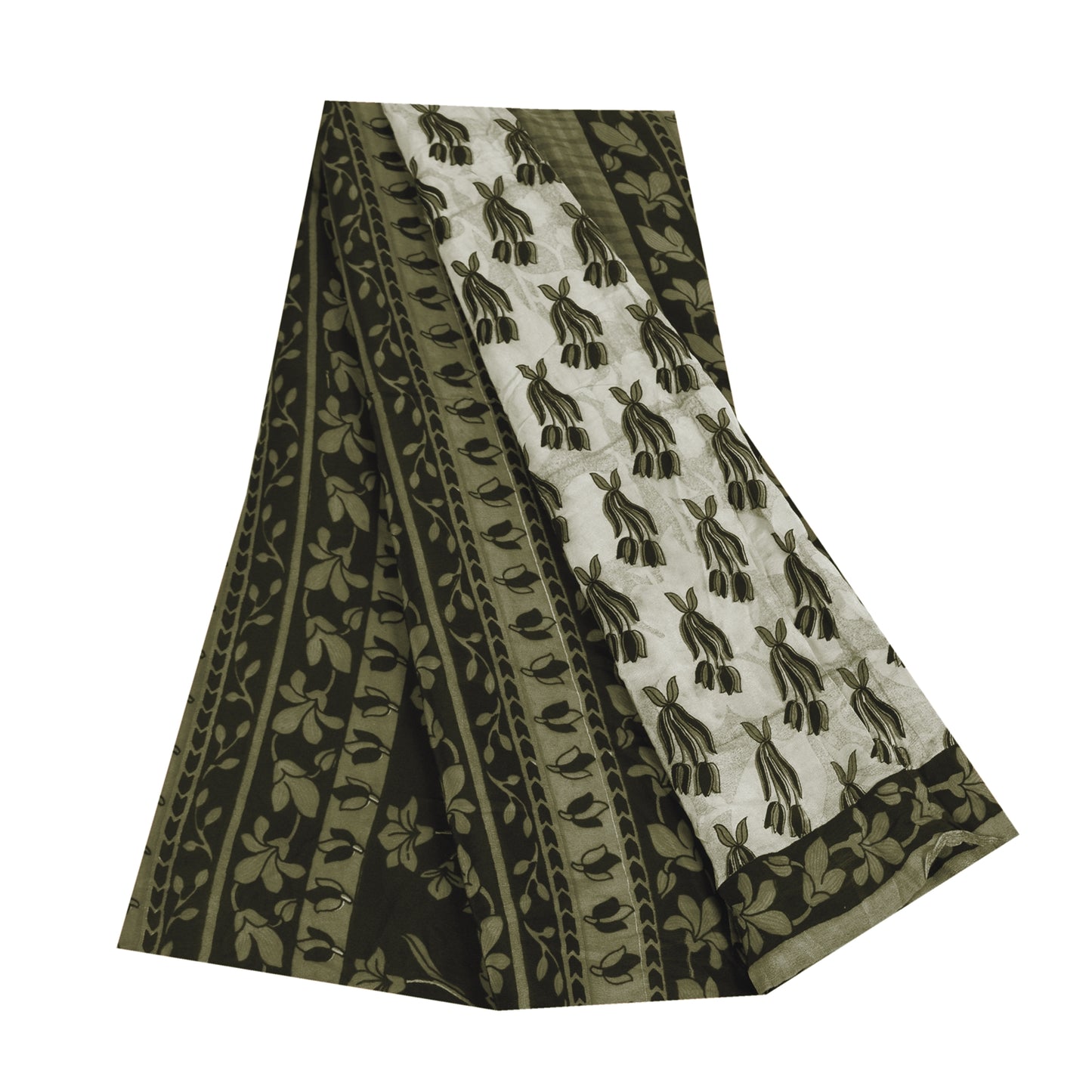 Sanskriti Vintage Sarees Ivory Pure Crepe Silk Printed Sari 6yd Craft Sustainable Fabric