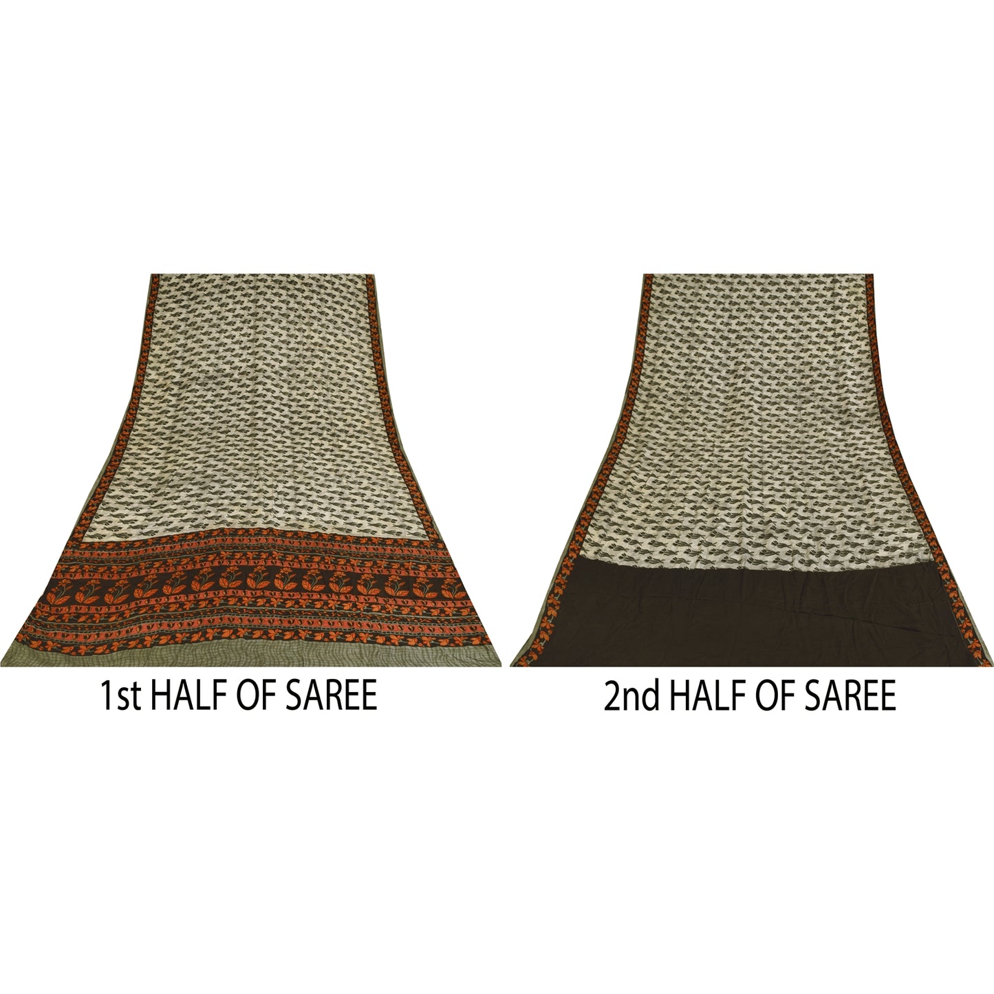 Sanskriti Vintage Sarees Ivory Pure Crepe Silk Printed Sari 6yd Craft Sustainable Fabric