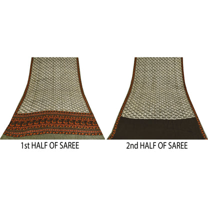 Sanskriti Vintage Sarees Ivory Pure Crepe Silk Printed Sari 6yd Craft Sustainable Fabric