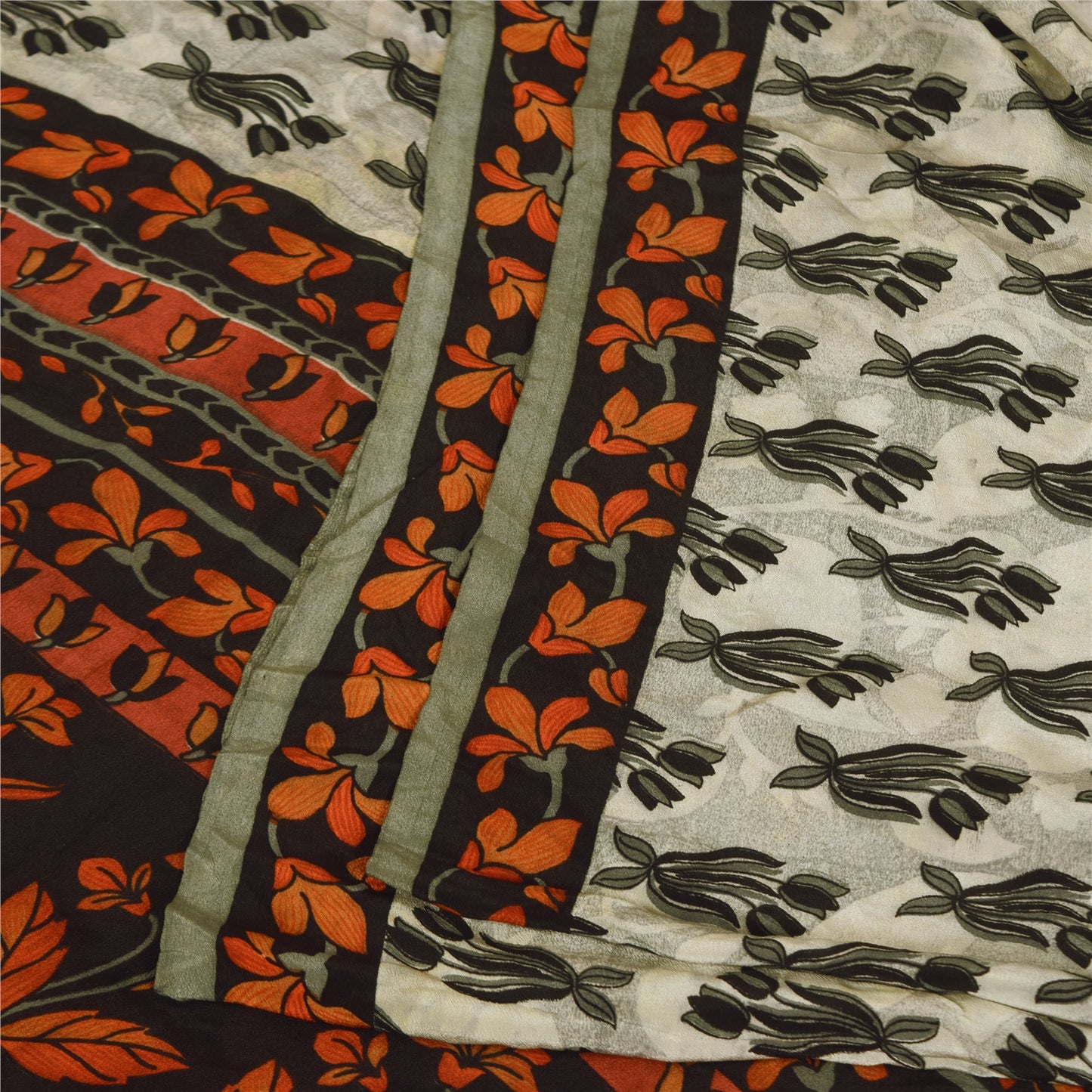 Sanskriti Vintage Sarees Ivory Pure Crepe Silk Printed Sari 6yd Craft Sustainable Fabric